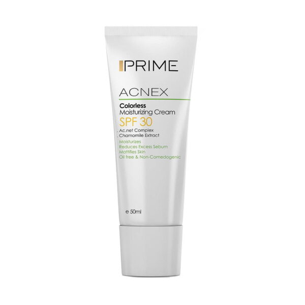کرم مرطوب کننده آکنس SPF30 فاقد رنگ پریم مناسب پوست چرب، علاوه بر خاصیت مرطوب کنندگی، ترشح چربی پوست را کنترل و از پوست در مقابل آفتاب نیز محافظت می کند.
