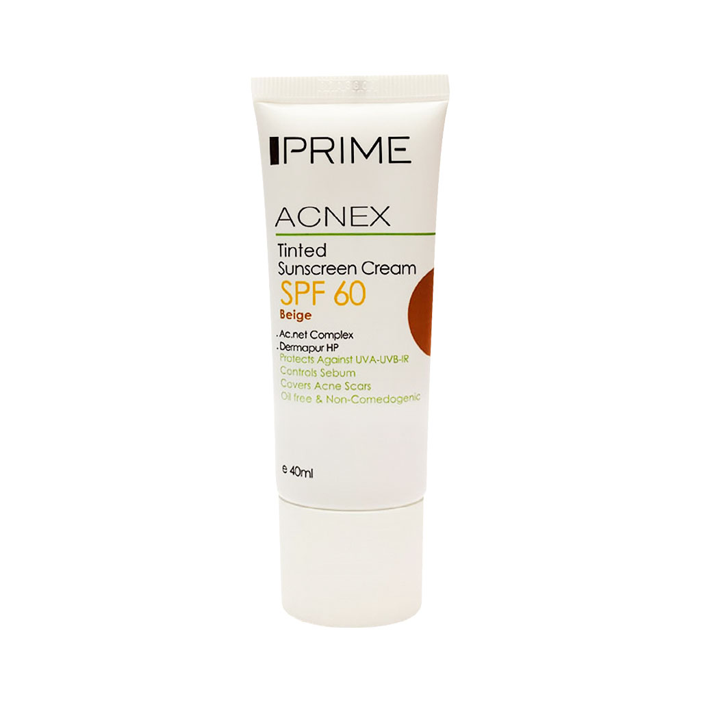 Prime-Acnex-Sunscreen-Cream-SPF60-40-ml کرم ضد آفتاب رنگی SPF60 فاقد چربی پریم محصول با ساختاری سبک و ابریشمی است که ضمن کنترل ترشح سبوم، به طور موثری از پوست چرب در برابر آفتاب محافظت می کند.