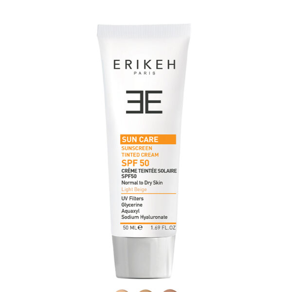کرم ضد آفتاب رنگی SPF50 اریکه مناسب پوست خشک و نرمال بدون بر جای گذاشتن حس چربی روی پوست، از آن در برابر اشعه مضر خورشید محافظت می‌کند.