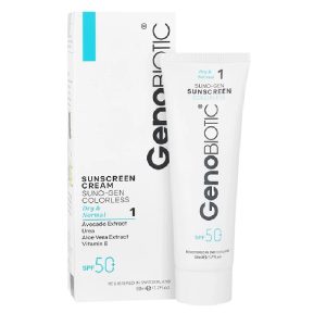 کرم ضد آفتاب بی رنگ ژنوبایوتیک SPF50 پوست معمولی و خشک